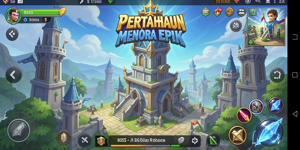 Tangkapan layar gameplay 8055 menampilkan pertarungan seru dengan strategi menara yang kompleks.