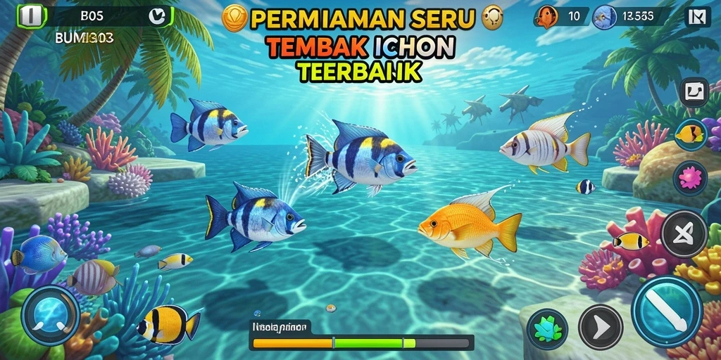 Tampilan gameplay seru BUMI303 saat menembak ikan.