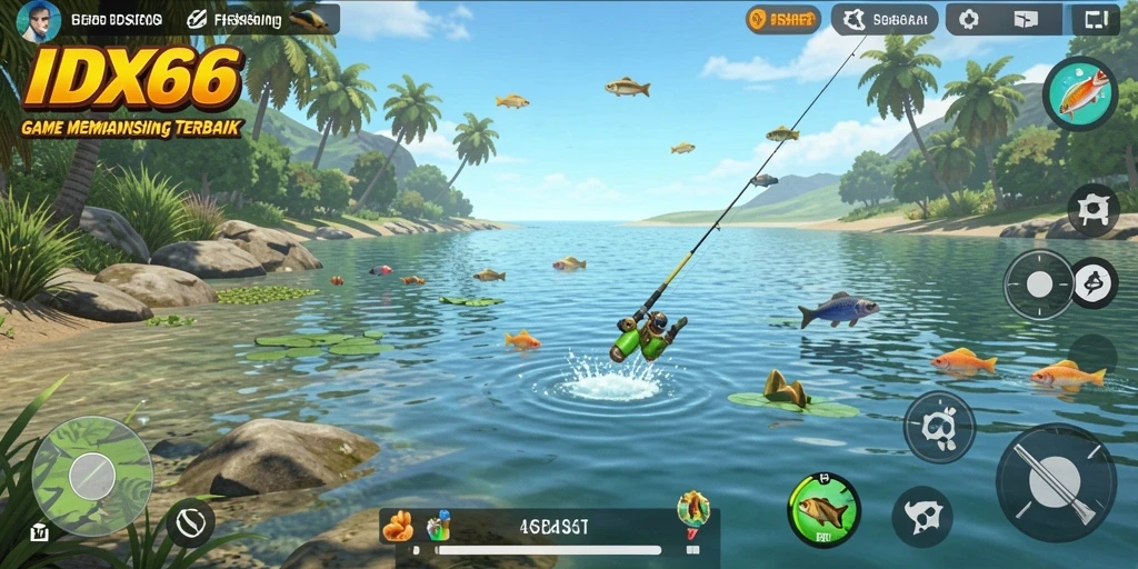 Screenshot utama menampilkan pemain yang sedang memancing dengan latar belakang alam yang indah.