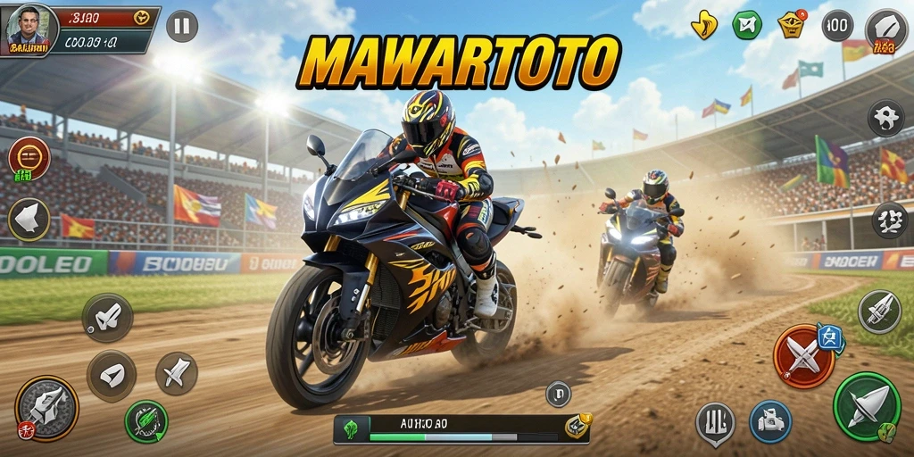 Screenshot gameplay MAWARTOTO menampilkan balapan motor yang mendebarkan.