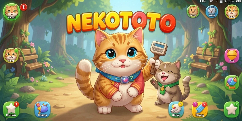 Screenshot gameplay NEKOTOTO dengan kucing lucu berinteraksi.